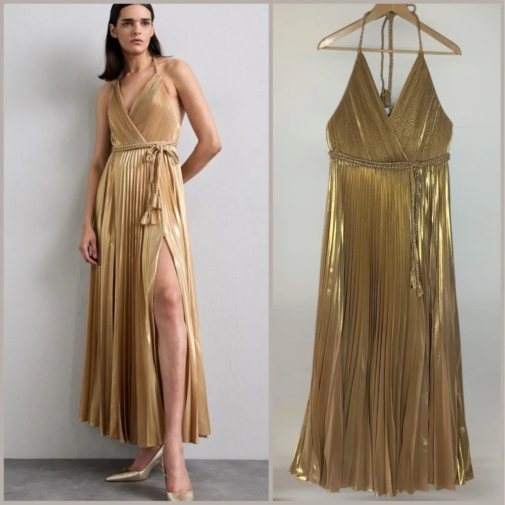 Alice + Olivia Tresa Pleated Gold Maxi Dress Size 12 New with Tags - Picture 10 of 10